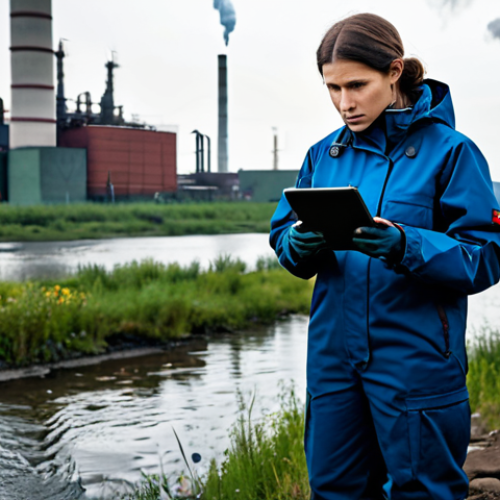Home 6 **
A professional female ecologist in a modest, practical field outfit (think durable jacket, comfortable trousers, sturdy boots), standing near a polluted river in a Russian industrial region. She is holding a tablet and looking concerned while examining water samples. Background includes smokestacks and factories. Safe for work, appropriate content, fully clothed, professional, perfect anatomy, correct proportions, natural pose, high quality. Add "gloomy atmosphere" and "environmental concern" to the keywords.
**