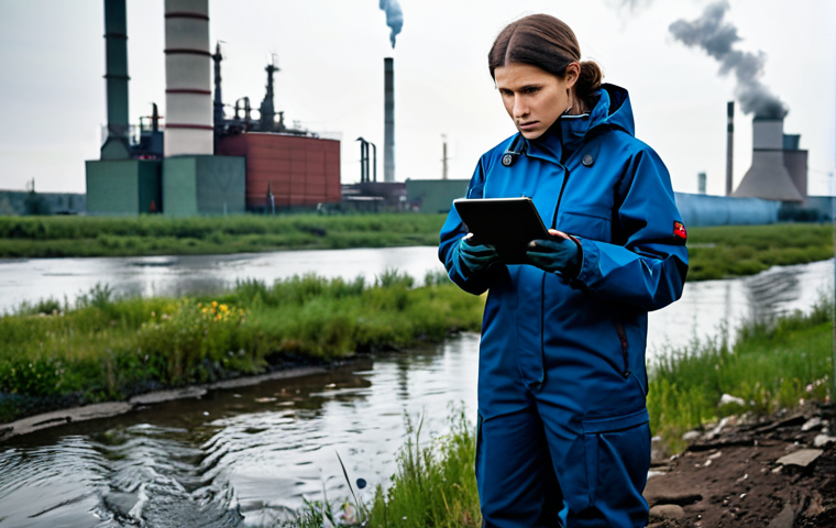 **
A professional female ecologist in a modest, practical field outfit (think durable jacket, comfortable trousers, sturdy boots), standing near a polluted river in a Russian industrial region. She is holding a tablet and looking concerned while examining water samples. Background includes smokestacks and factories. Safe for work, appropriate content, fully clothed, professional, perfect anatomy, correct proportions, natural pose, high quality. Add "gloomy atmosphere" and "environmental concern" to the keywords.
**