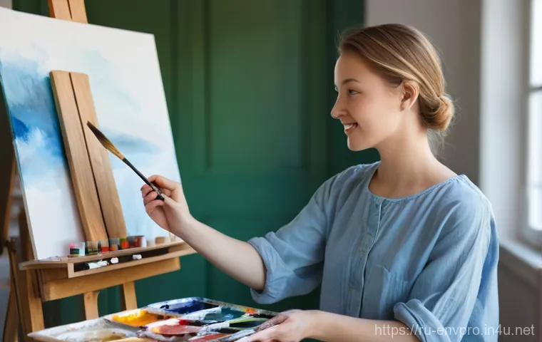 환경보호 직무와 팀워크 사례 - A young female artist, approximately 22 years old, with her light brown hair neatly tied back, weari...