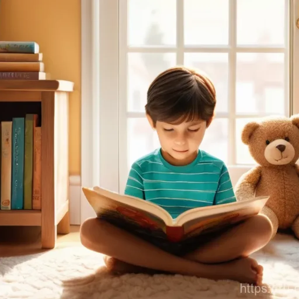 환경보호 실습에서의 팀워크 경험 - **Prompt:** A cozy scene depicting an 8-year-old child happily reading an illustrated storybook in a...