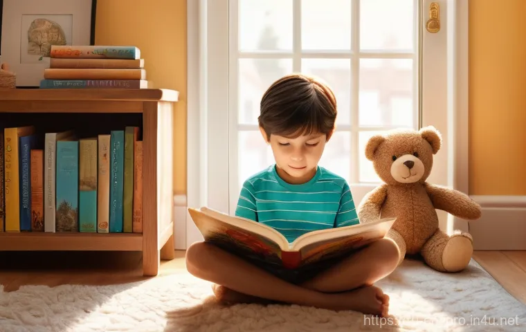 환경보호 실습에서의 팀워크 경험 - **Prompt:** A cozy scene depicting an 8-year-old child happily reading an illustrated storybook in a...