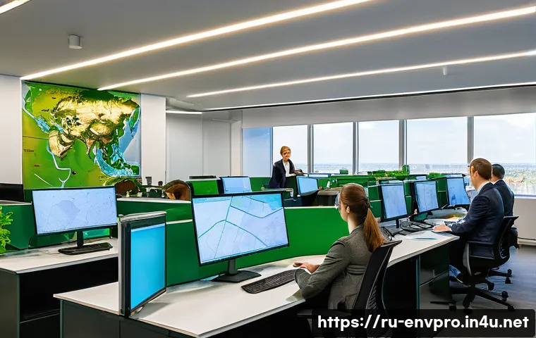 환경보호 관련 공공기관 입사 준비 - A detailed office scene inside a Russian state environmental agency, showing a diverse group of prof...