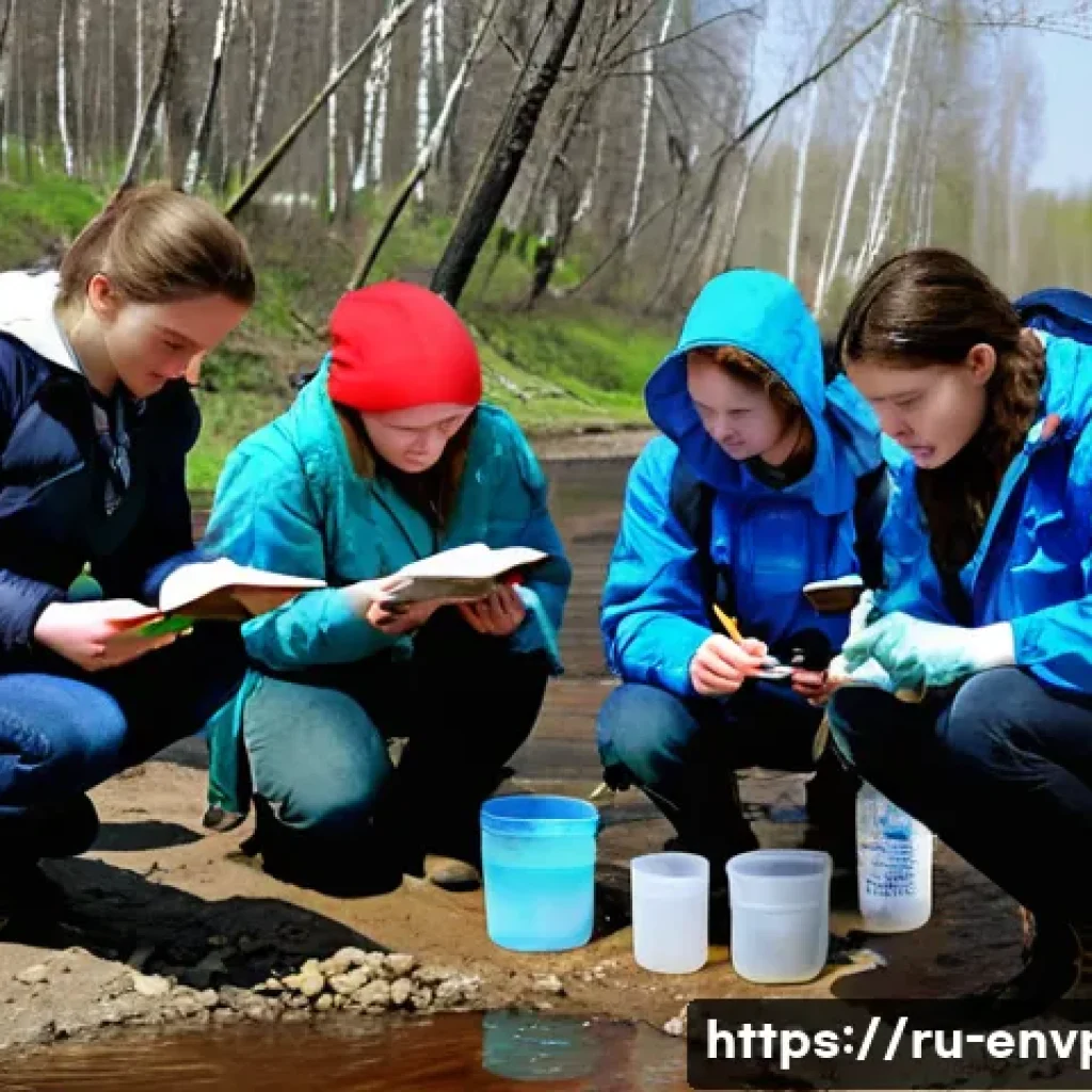 환경보호 실습 보고서 작성 실례 - A group of Russian ecology students in spring at a local riverbank in a temperate forest near Moscow...