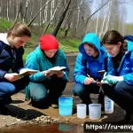 Home 18 환경보호 실습 보고서 작성 실례 - A group of Russian ecology students in spring at a local riverbank in a temperate forest near Moscow...