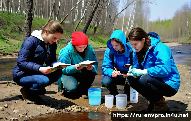 환경보호 실습 보고서 작성 실례 - A group of Russian ecology students in spring at a local riverbank in a temperate forest near Moscow...