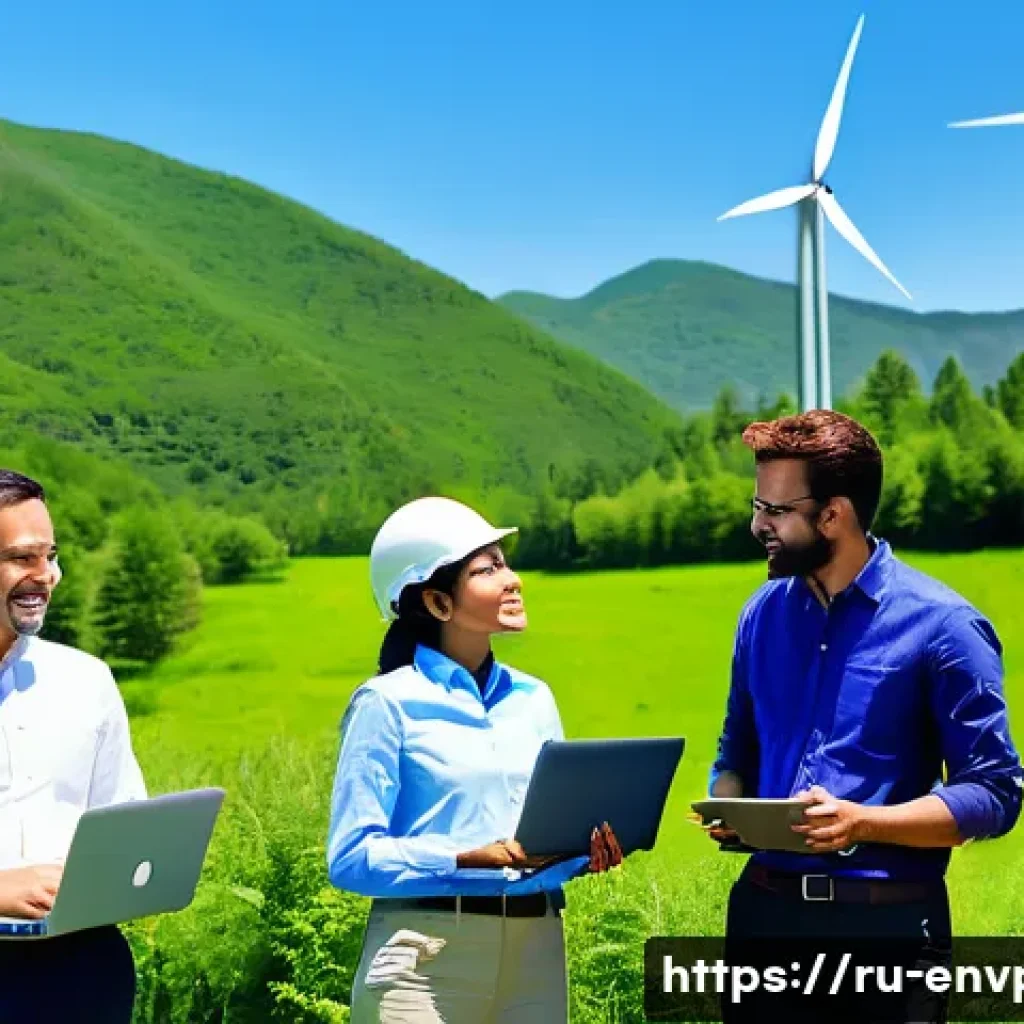 환경보호 관련 해외 취업 정보 - A diverse group of environmental professionals collaborating outdoors in a multicultural setting: en...