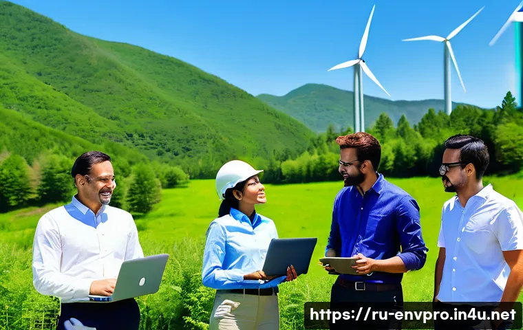 환경보호 관련 해외 취업 정보 - A diverse group of environmental professionals collaborating outdoors in a multicultural setting: en...