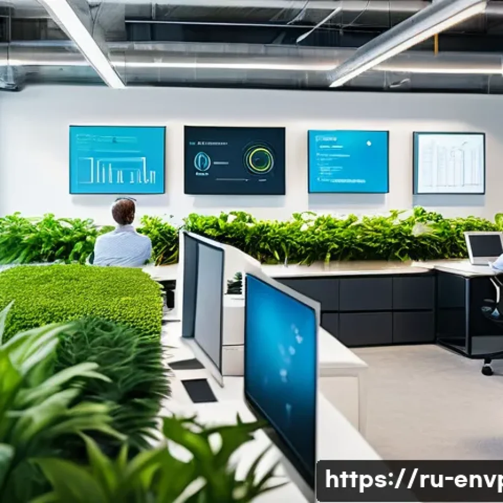 환경전문가와 ESG 경영 - A modern corporate office environment with diverse professionals collaborating on sustainable busine...
