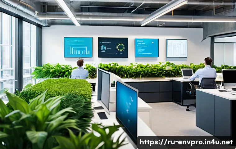 환경전문가와 ESG 경영 - A modern corporate office environment with diverse professionals collaborating on sustainable busine...