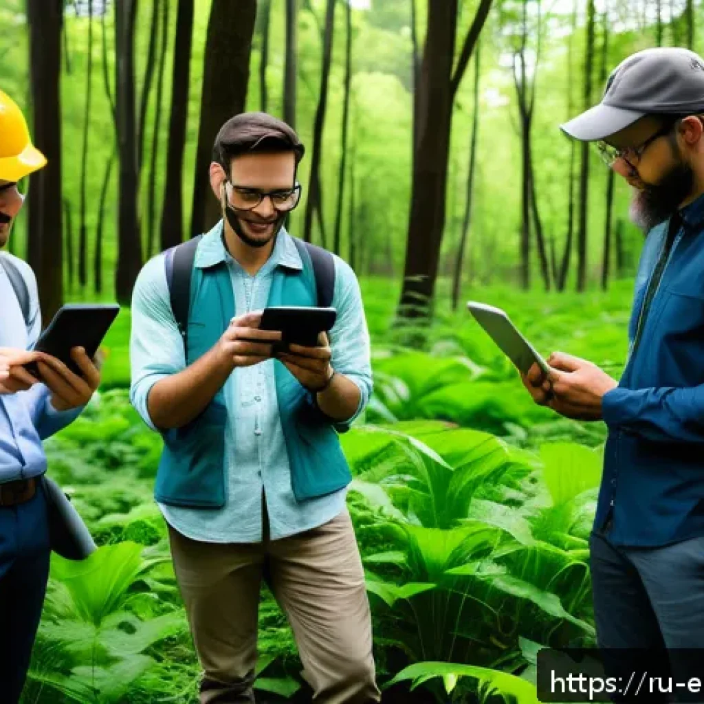 환경보호 전문가의 협업 도구 추천 - A diverse team of environmental scientists collaborating outdoors using tablets and smartphones, cap...