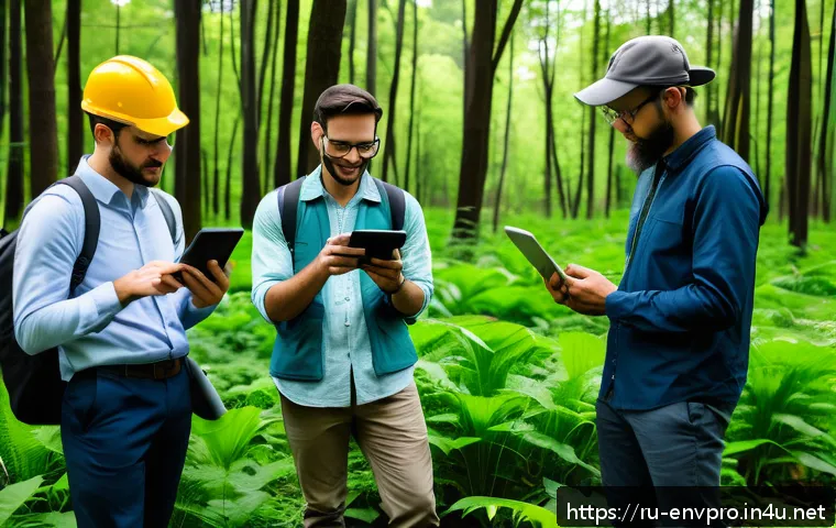 환경보호 전문가의 협업 도구 추천 - A diverse team of environmental scientists collaborating outdoors using tablets and smartphones, cap...