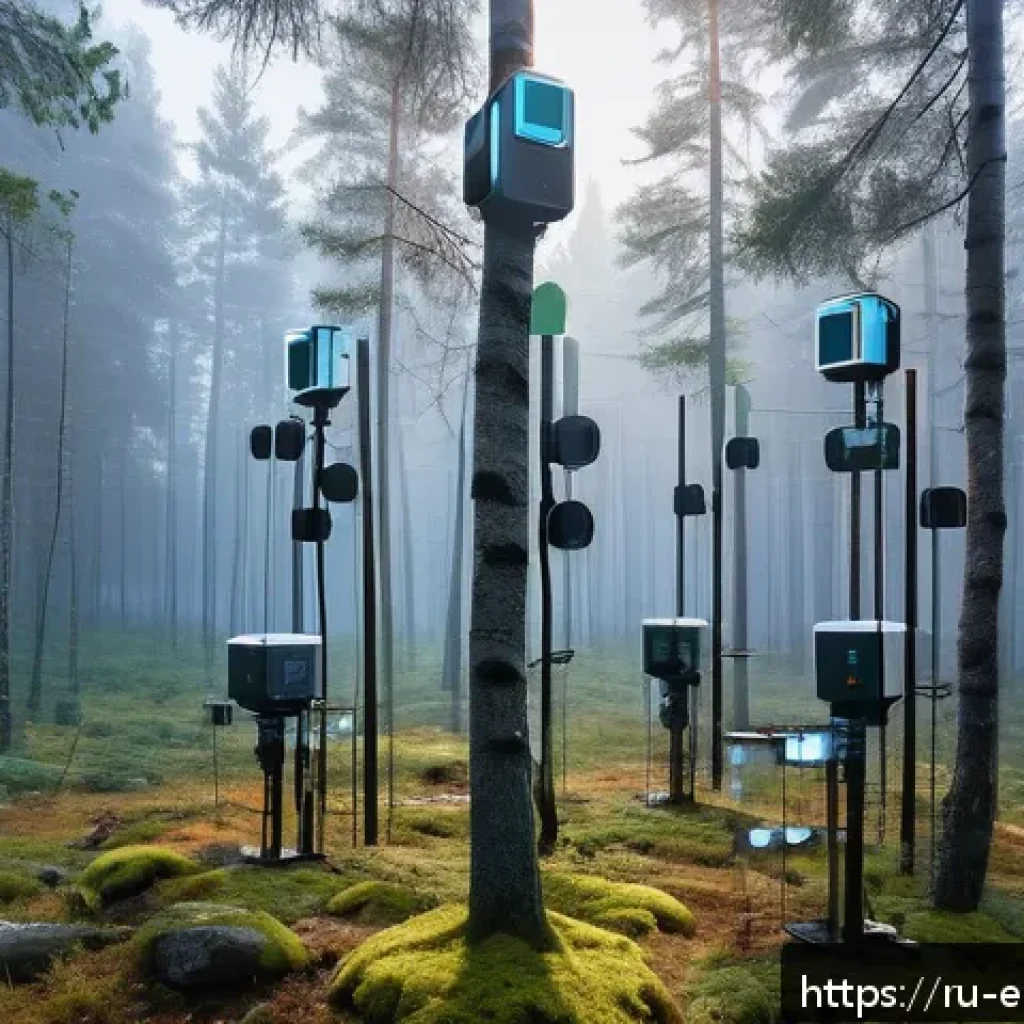 환경보호 관련 창의적 문제 해결 사례 - A high-tech environmental monitoring scene in a Siberian forest, featuring a network of modern senso...