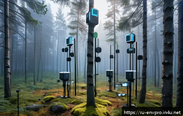 환경보호 관련 창의적 문제 해결 사례 - A high-tech environmental monitoring scene in a Siberian forest, featuring a network of modern senso...