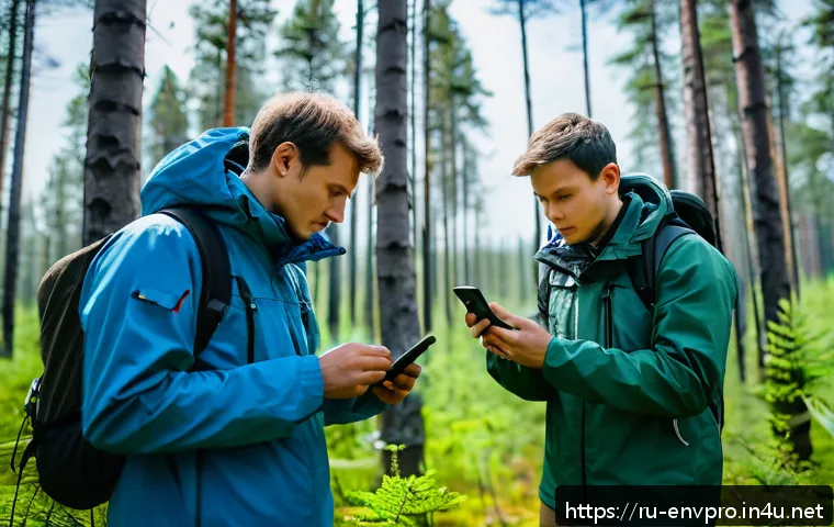 환경보호전문가의 연구 데이터 관리법 - A detailed scene of Russian ecologists using mobile applications for environmental field research in...