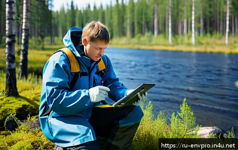 환경보호 전문가의 업무 스킬 - A modern environmental scientist working in a Russian forest landscape, dressed in professional outd...
