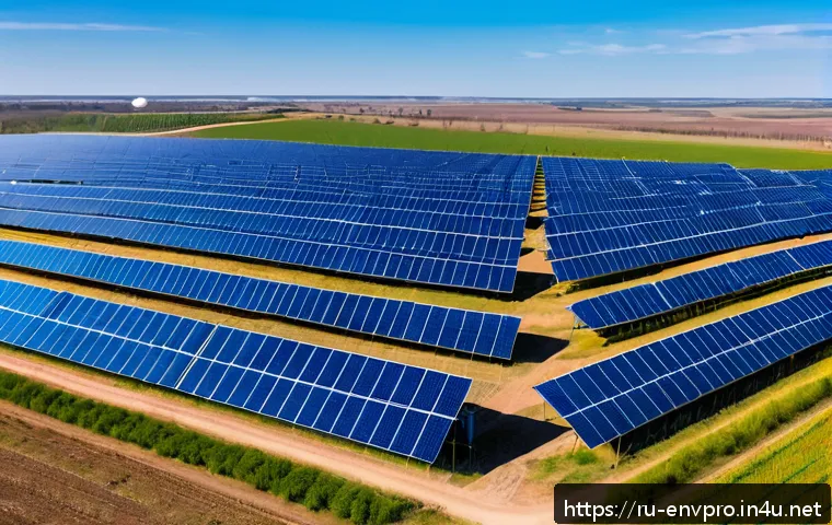환경보호 실습에서의 창의적 문제 해결 - A vast solar farm in the Russian countryside during a bright sunny day, with rows of blue photovolta...