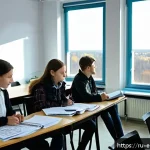 Home 18 환경기사 자격시험 합격 팁 - A detailed classroom scene in Russia where adult students are attentively studying for an environmen...
