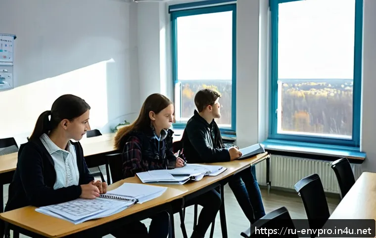 환경기사 자격시험 합격 팁 - A detailed classroom scene in Russia where adult students are attentively studying for an environmen...