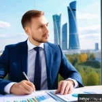 Home 23 환경보호 전문가 연봉 협상 전략 - A professional Russian environmental specialist in a modern office setting, confidently presenting a...