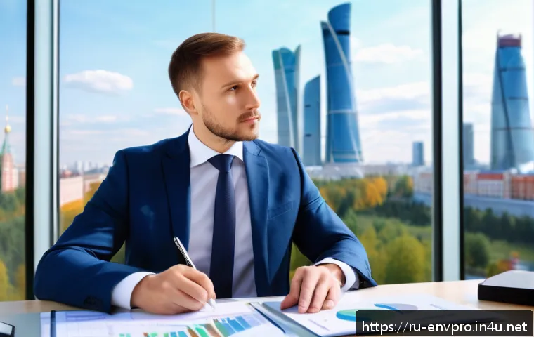환경보호 전문가 연봉 협상 전략 - A professional Russian environmental specialist in a modern office setting, confidently presenting a...
